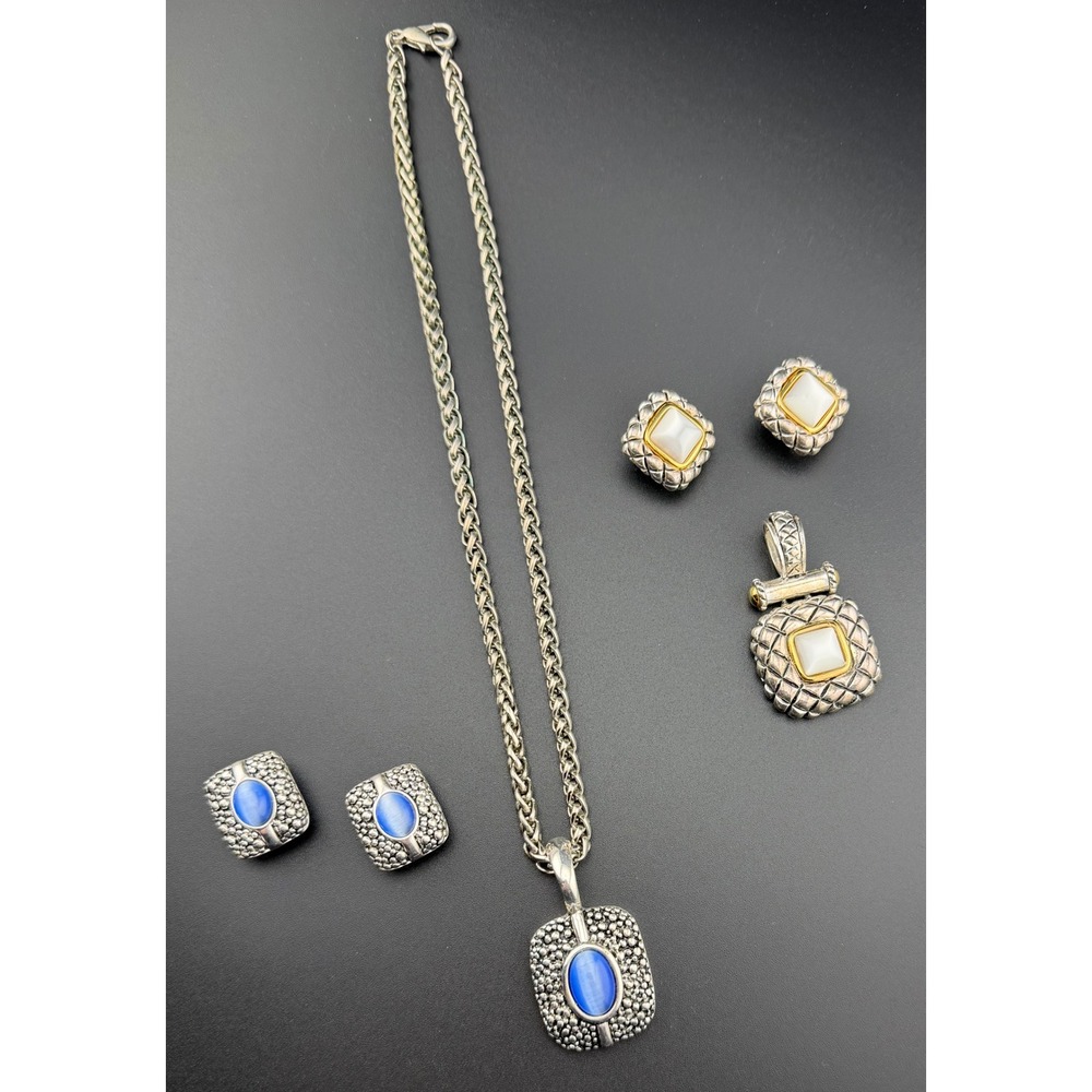 Premier Designs Set‎ Necklace 2 Pairs Clip-On Earrings 2 Pendants Blue White